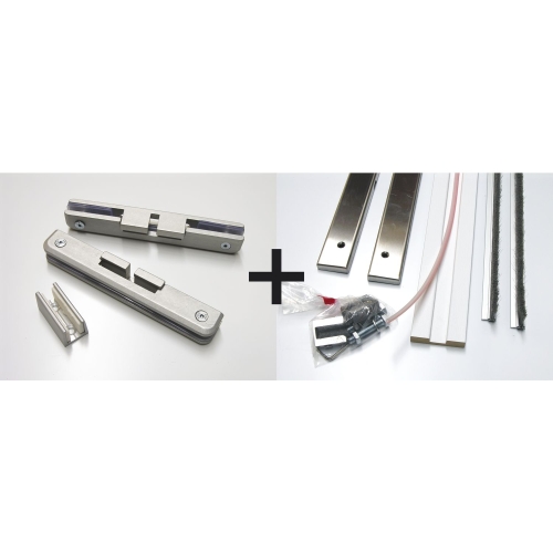 Umrüst-Satz zum Einbau eines Ganzglas- Schiebetürblattes bis zu 80 Kg in Modell SYNTESIS LINE  Fertige Stocklichte bei Bestellung bitte angeben. Beinhaltet sind:  2 Stk. Sicherheitshängung,  2 Stk. Edelstahl- Sichtblende für Hängung inkl. Befestigungsmate