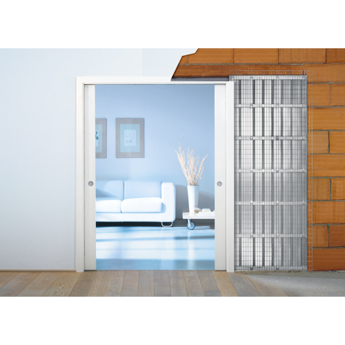UNICO DF, Doppelflügel-Schiebetürkasten, für Massivwand,  für Ziegelstärke 10 cm, für fertige WST. 12,5 cm,  Türblätter bis max. 65 mm Stärke, Tragfähigkeit bis max. 100 Kg, inkl. Türblattmontageset für Holztürblätter. Stockverkleidung NICHT Inkludiert.